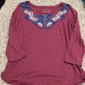 Lucky Brand Women's Burgundy Top with Butterfly Printing Medium